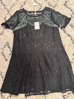Free People Black Lace Dress with silver Embroidery